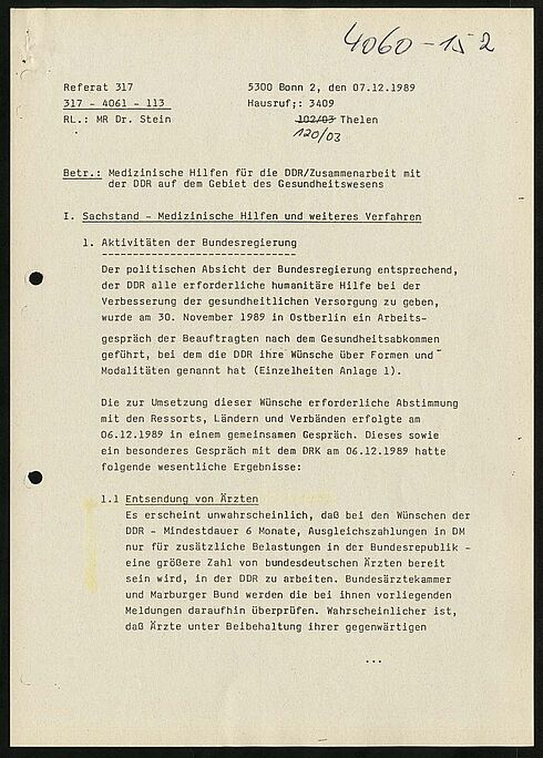 Erste Seite der Ergebnisse des Arbeitsgesprächs der Beauftragten nach dem Gesundheitsabkommen zur humanitären Hilfe in der DDR, 1989