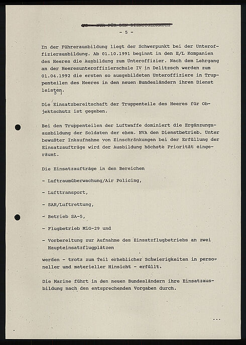 Vortrag zum Thema „Lage der Bundeswehr in den neuen Ländern“, 16. September 1991 (Seite 5) Maschinenschriftliches Dokument