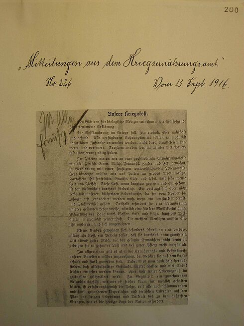Mitteilung aus dem Kriegsernährungsamt zur Kriegskost, 1916