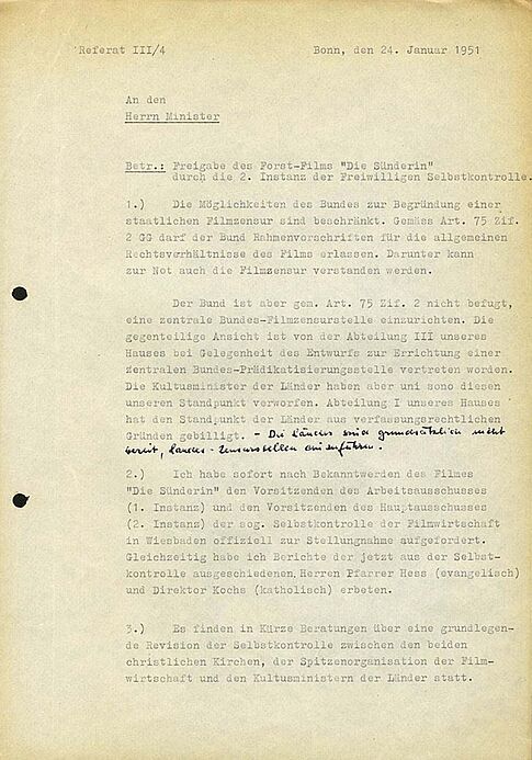 Interner Bericht des Bundesministeriums des Innern an Bundesminister Lehr (Seite 1) zur Freigabe des Films „Die Sünderin“ mit Hildegard Knef (Seite 1), 24. Januar 1951 Maschinengeschriebener Text mit nummerierten Absätzen und einem handschriftlich ergänzten Satz