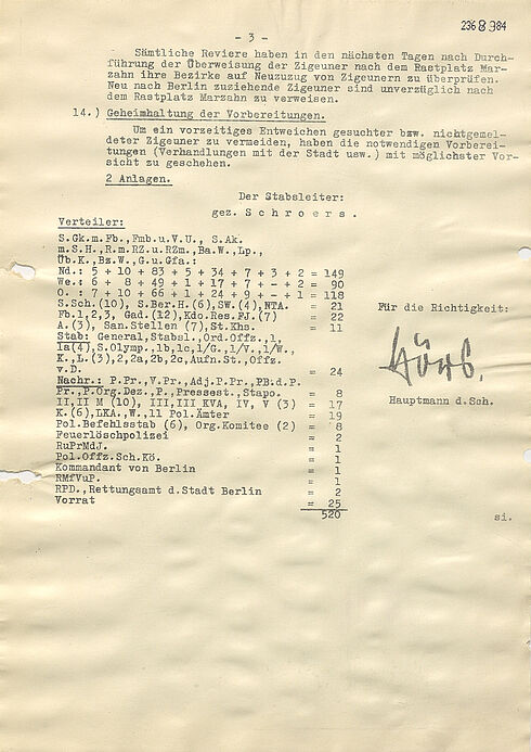 Schreiben der Berliner Polizei zur "Umsiedlung" der Berliner Sinti und Roma auf einen Rastplatz bei Marzahn im Vorfeld der Olympischen Sommerspiele 1936