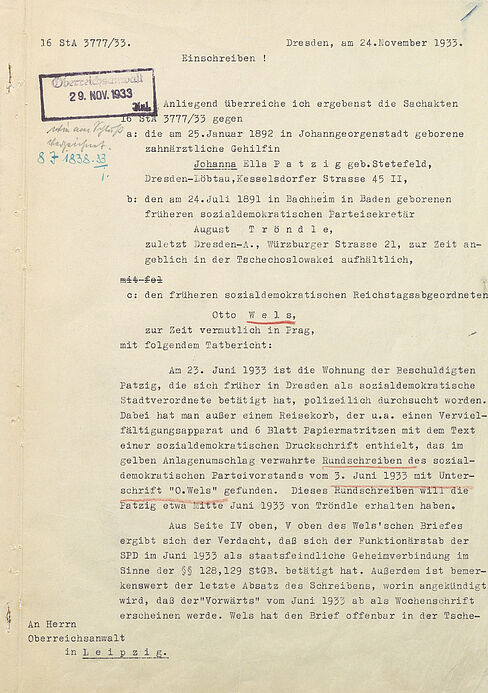 maschinentextliches Dokument mit Eingangsstempel, handschriftlichen Ergänzungen und Unterstreichungen