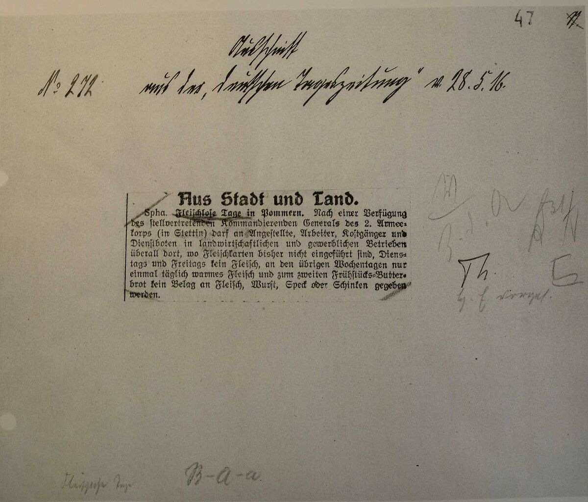 Ausschnitt aus der deutschen Tageszeitung vom 28. Mai 1916 zu fleischlosen Tagen in Pommern