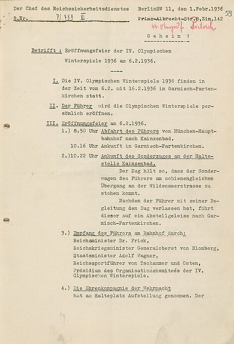 Ablaufplan der Eröffnungsfeier der Olympischen Winterspiele in Garmisch-Partenkirchen am 5. Februar 1936 aus Sicht des Reichssicherheitsdienstes, der für den Personenschutz Adolf Hitler zuständig war