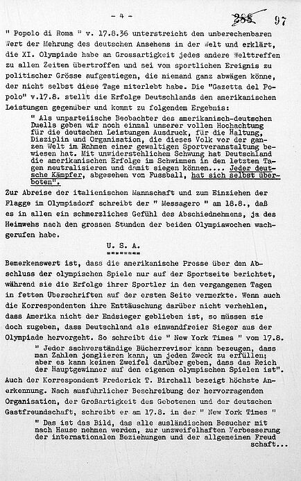 Presse-Sonderbericht zu den Olympischen Spielen in Berlin vom 20. August 1936