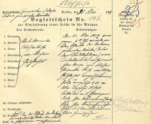 handschriftlich ausgefülltes Formular mit Angaben zum Verstorbenen und zu den Todesumständen sowie ergänzenden Erörterungen