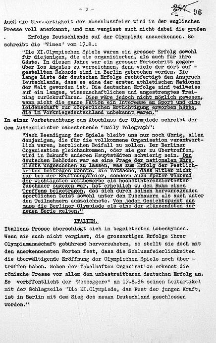 Presse-Sonderbericht zu den Olympischen Spielen in Berlin vom 20. August 1936