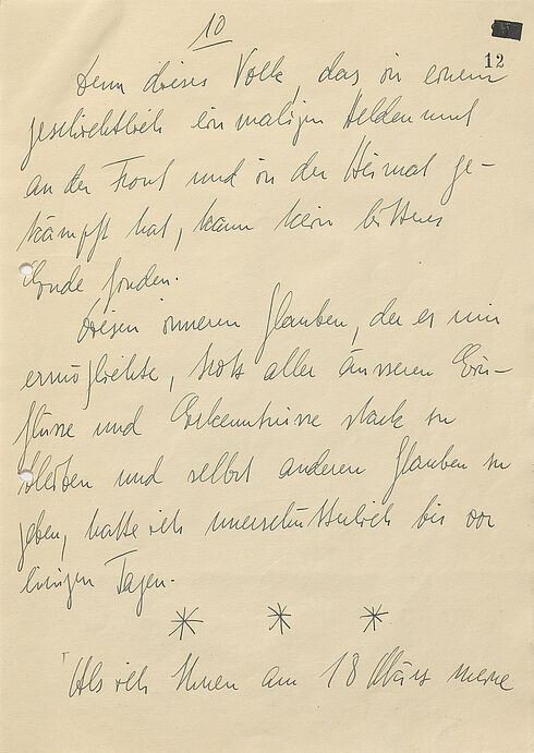 Zehnte Seite eines 21-seitigen Briefes in Handschrift auf unliniertem Papier