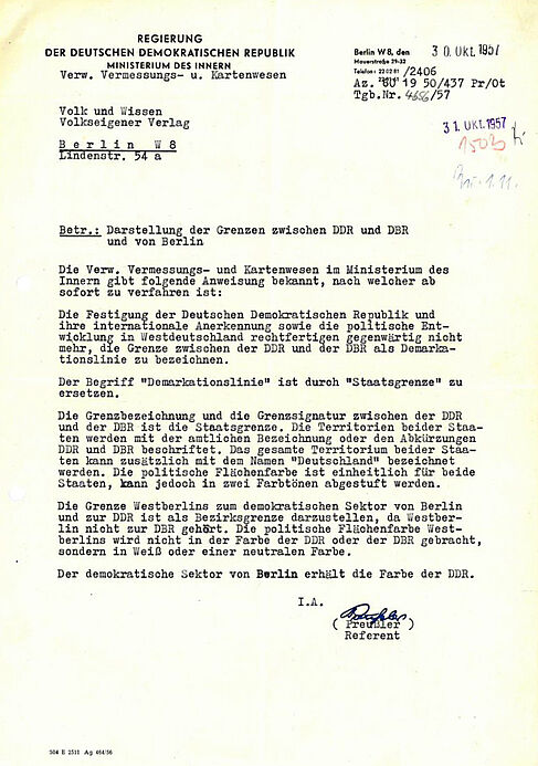 Anweisung des Ministeriums des Innern, Verwaltung Vermessungs- und Kartenwesen über die Darstellung der Grenzen zwischen der DDR und der BRD vom 30.10.1957 Maschinell erstelltes Schriftgut