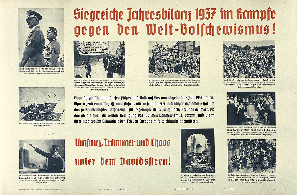 Bildtafel mit Text in Frakturschrift, in Rot hervorgehobener Überschrift und neun mit Bildunterschriften versehenenen Schwarz-Weiß-Fotos um den Haupttext herum.