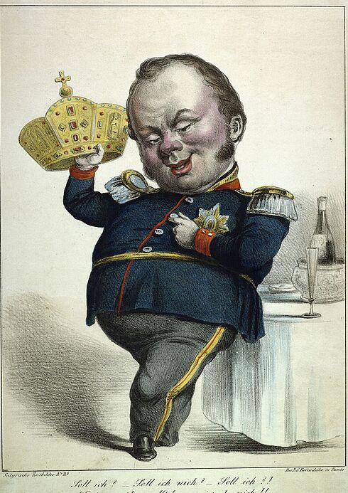 Karikatur vom preußischen König Friedrich Wilhelm IV. mit der Kaiserkrone 1849
