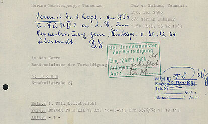 Maschinenschriftliches Dokument mit handschriftlichen Ergänzungen, Stempeln und Unterstreichungen