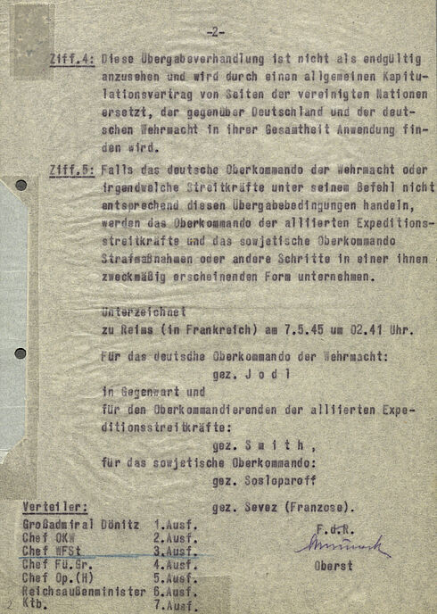 Kapitulationstext in deutscher Übersetzung für das OKW (Seite 2) vom 07.05.1945