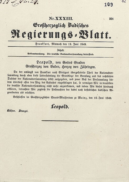 Der aus Baden geflohene Großherzog Leopold verweigert dem Rumpfparlament in Stuttgart die Anerkennung, 13. Juni 1849