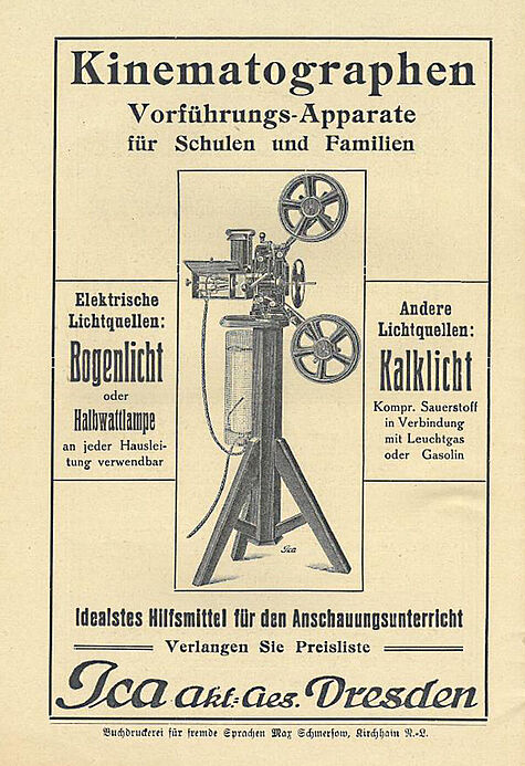 Werbeplakat mit Abbildung eines Filmvorführungsapparats und technischen Angaben zur Funktionalität