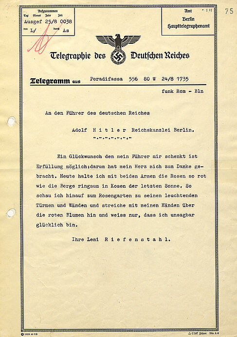 Dankesschreiben von Leni Riefenstahl an Hitler zu übersandten Glückwünschen