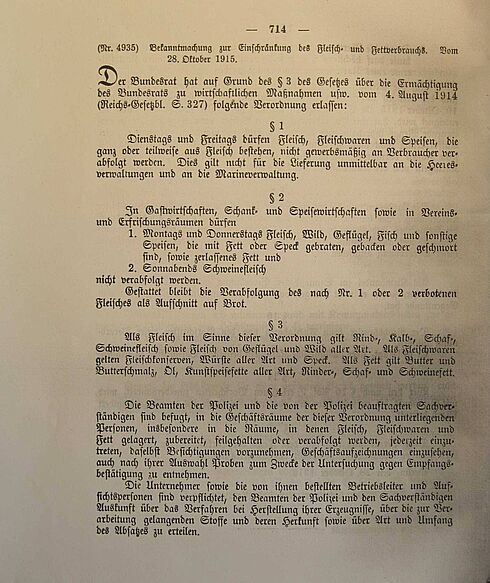 Dokument zur Bekanntmachung zur Einschränkung des Fleisch- und Fettverbrauchs, 1915, Seite 1
