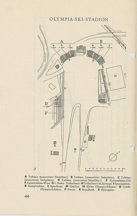 Zeichnung der Skisprungschanze aus einem Programmheft zu den Olympischen Spielen, herausgegeben vom Organisationskomitee