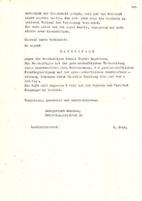 Protokoll der Beschuldigtenvernehmung von Sophie Scholl vom 21.2.1943