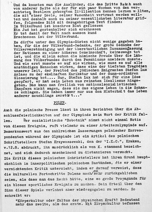 Presse-Sonderbericht zu den Olympischen Spielen in Berlin vom 20. August 1936