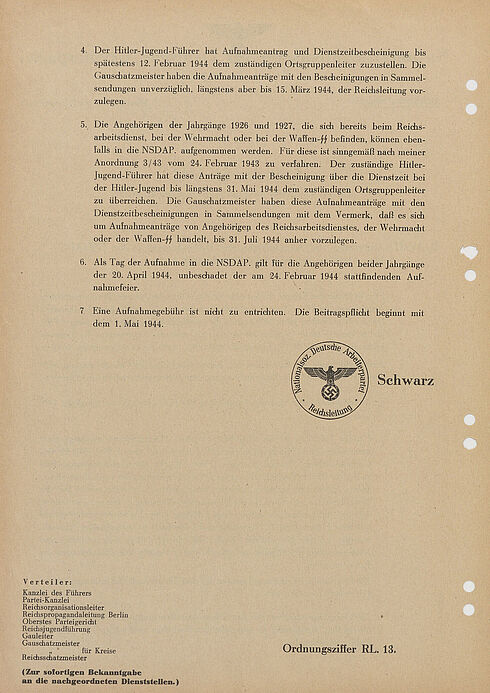 Anordnung 1/44 des Reichsschatzmeisters zur Aufnahme von Angehörigen der Hitler-Jugend in die NSDAP vom 7. Januar 1944