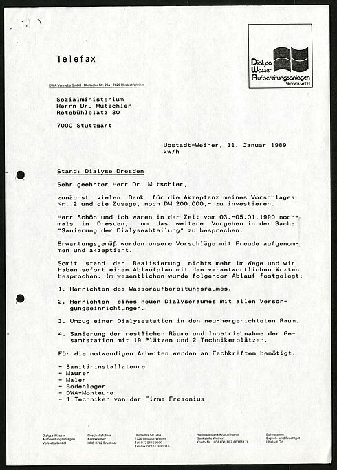 Erste Seite des Ablaufplans der Firma DWA zur Einrichtung einer neuen Dialysestation in Dresden, 1990