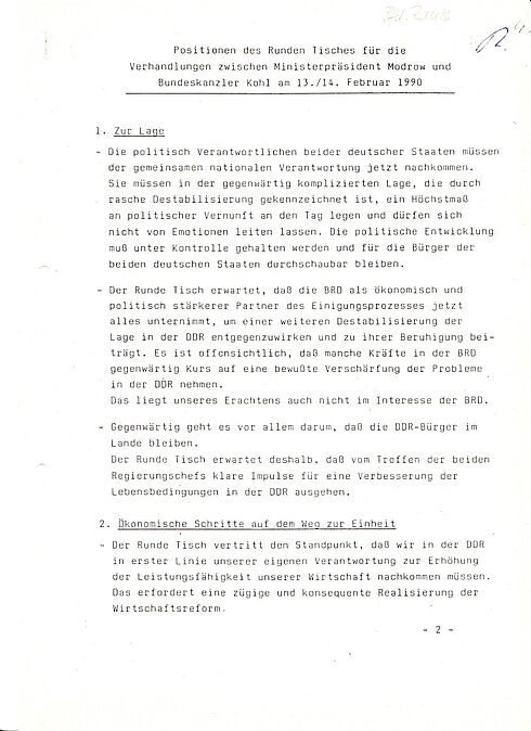 Positionspapier der National-Demokratischen Partei Deutschlands und der Bürgerbewegung „Demokratie Jetzt“ für den Runden Tisch zu den Regierungsverhandlungen im Einigungsprozess vom Februar 1990, Seite 1