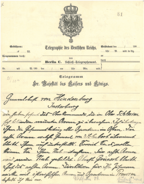 Dokument zur Ernennung von Generaloberst Paul von Hindenburg zum Oberbefehlshaber im Osten, Seite 1