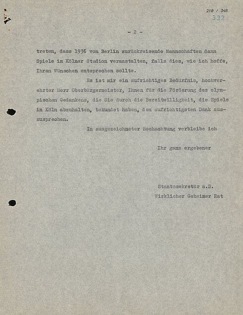 Schreiben von Theodor Lewald, Präsident des Deutschen Reichsausschuss für Leibesübungen, an den Kölner Oberbürgermeister Konrad Adenauer im Anschluss an die Vergabe der Olympischen Spiele 1936 an die Stadt Berlin (18. Mai 1931, Seite 2)