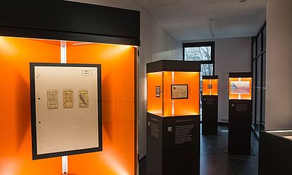 Blick in die Wanderausstellung. Zu sehen sind mehrere Stelen mit Glasvitrinen, in denen sich Dokumente, Fotos und Objekte befinden.
