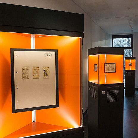 Blick in die Wanderausstellung. Zu sehen sind mehrere Stelen mit Glasvitrinen, in denen sich Dokumente, Fotos und Objekte befinden.