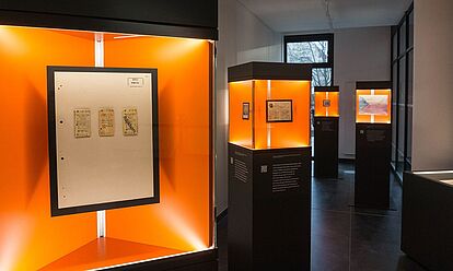 Blick in die Wanderausstellung. Zu sehen sind mehrere Stelen mit Glasvitrinen, in denen sich Dokumente, Fotos und Objekte befinden.