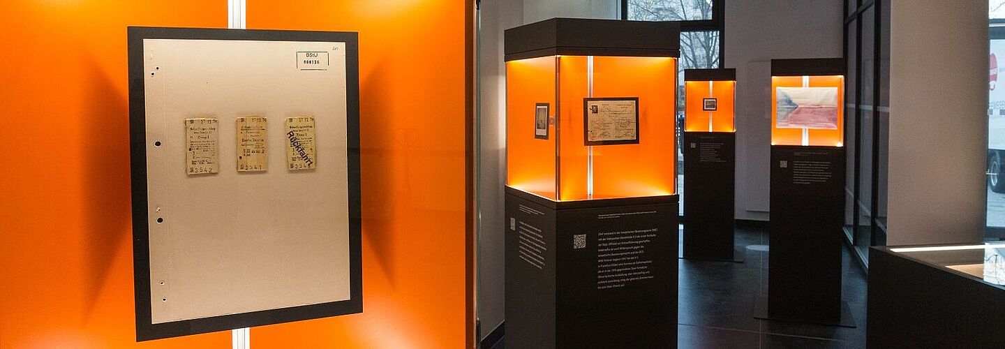 Blick in die Wanderausstellung. Zu sehen sind mehrere Stelen mit Glasvitrinen, in denen sich Dokumente, Fotos und Objekte befinden.