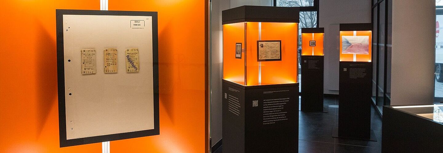 Blick in die Wanderausstellung. Zu sehen sind mehrere Stelen mit Glasvitrinen, in denen sich Dokumente, Fotos und Objekte befinden.