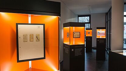 Blick in die Wanderausstellung. Zu sehen sind mehrere Stelen mit Glasvitrinen, in denen sich Dokumente, Fotos und Objekte befinden.