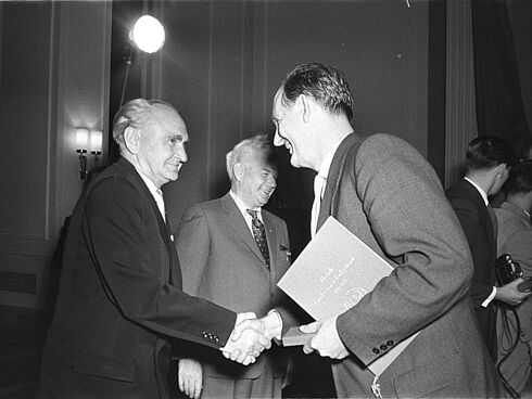 Auf dem Schwarz-Weiß-Foto sind drei Herren in Anzügen zu sehen. Heinrich Rau, Mitglied des Politbüros des Zentralkomitees der SED, schüttelt Robert Havemann die Hand. Dieser hält ein kleines Medaillen-Etui in der Hand. Unter seinem Arm klemmt eine Urkundenmappe. Beide schauen sich an und lächeln. Im Hintergrund steht Hermann Materns, ebenfalls Mitglied des Politbüros des Zentralkomitees der DDR. Das Bild wurde am 3. September 1958 im Haus der Ministerien in Berlin aufgenommen.