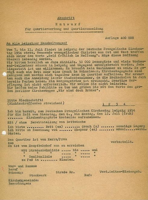 Entwurf für Quartierwerbung und -anmeldung, 12. April 1954