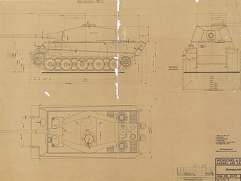Gesamtansicht des Tiger II („Königstiger“), Juni 1943 Maschinell erstellte technische Zeichnung des Tiger-Panzers B aus allen Perspektiven.