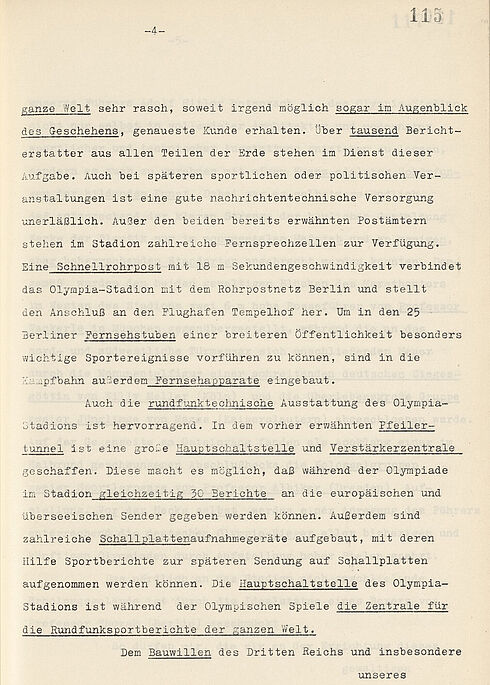 Transkript eines Rundfunkvortrages von Hans Pfundtner, Staatssekretär im Reichsministerium des Innern, zum Olympiastadion und zum „Reichssportfeld“