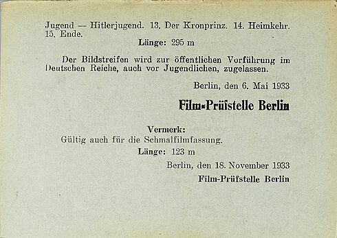 Zulassungskarte der Filmprüfstelle Berlin (Rückseite)