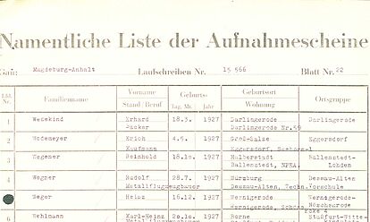Bild einer Liste der Aufnahmescheine in die NSDAP