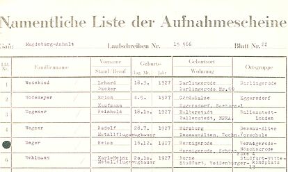 Bild einer Liste der Aufnahmescheine in die NSDAP