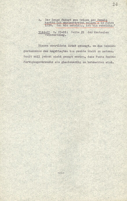 Das Dokument zeigt die Anklageschrift des Internationalen Militärgerichtshofs gegen Walther Funk.