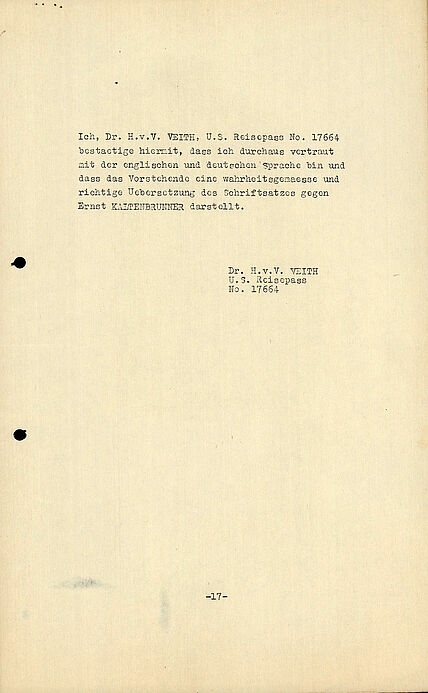 Siebzehnte Seite der Verschriftlichung mit den gesammelten Aussagen gegen Ernst Kaltenbrunner