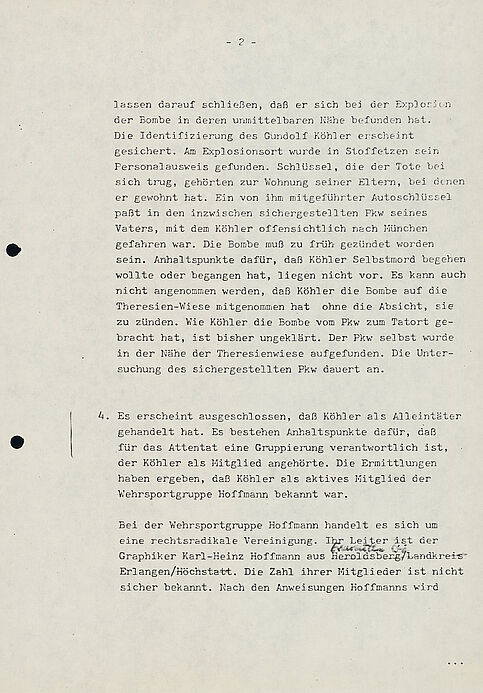 Zweite Seite einer fünfseitigen Presseerklärung in Maschinenschrift, mit nummeriertem Absatz, markierter Passage und handschriftlicher Korrektur