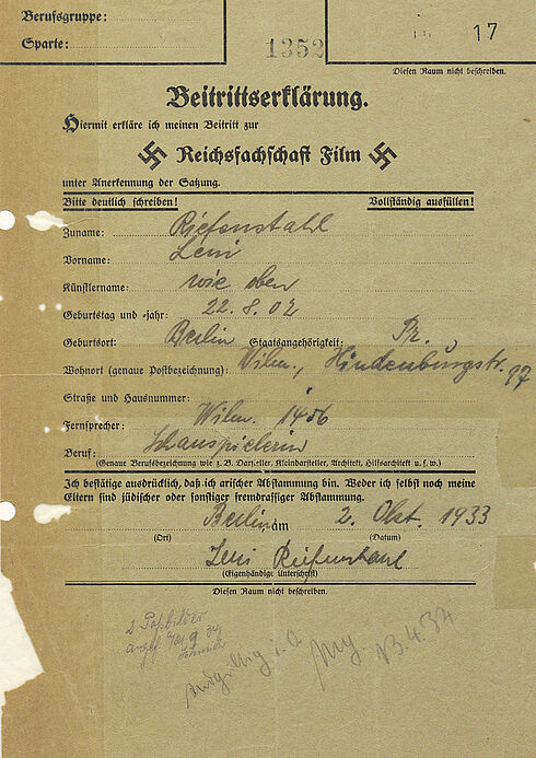 Beitritt von Leni Riefenstahl zur Reichsfachschaft Film