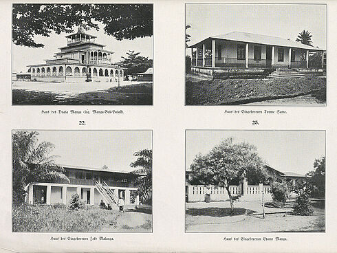 Vier Fotos von Gebäuden