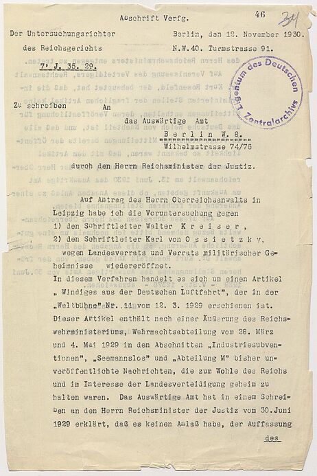 Schreiben des Reichsgerichts vom 12. November 1930 zur Wiedereröffnung der Voruntersuchungen im Weltbühnen-Prozess