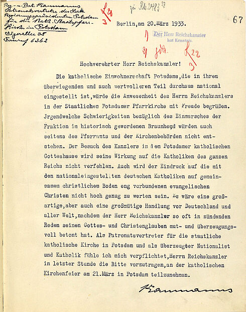 Schreiben des Patronatsherrn der Potsdamer katholischen Stadtpfarrkirche Kaumanns