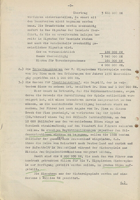 Abschrift des Protokolls der Gründungssitzung für die geplanten Olympischen Winterspiele 1940 in Garmisch-Partenkirchen